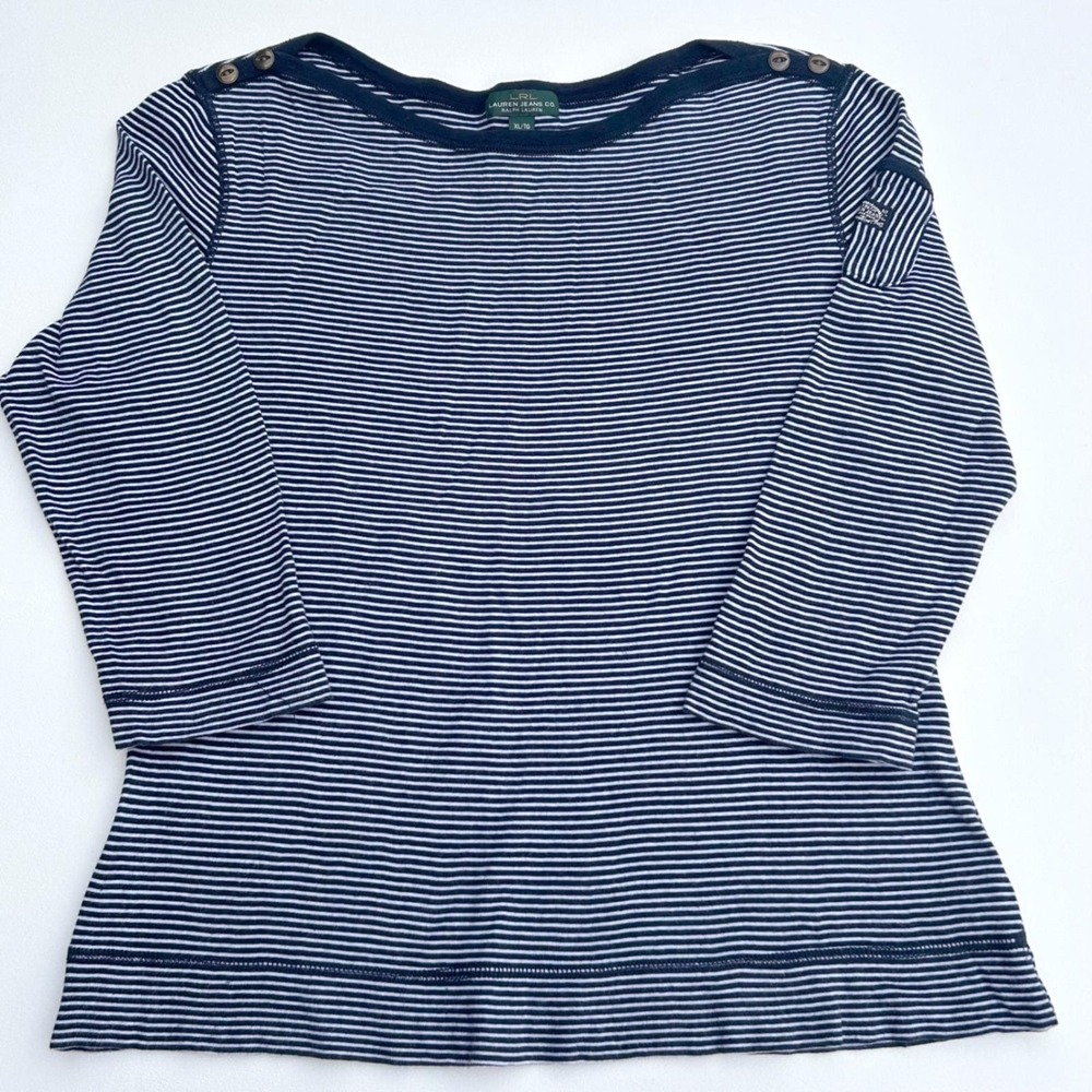 Lauren Ralph Lauren Womens XL Navy Striped Boat Neck Button Top Nautical Coastal
